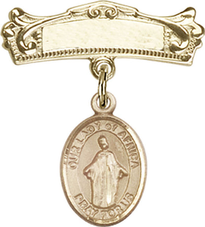 Personalized Baby Badge - Engraved Badge Pin with Our Lady of Africa Charm