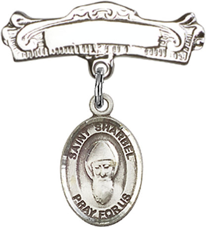 Personalized Baby Badge - Engraved Badge Pin with St. Sharbel Charm