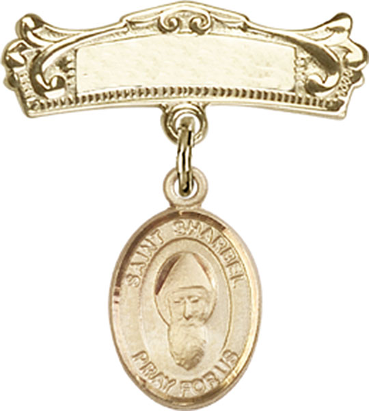 Personalized Baby Badge - Engraved Badge Pin with St. Sharbel Charm