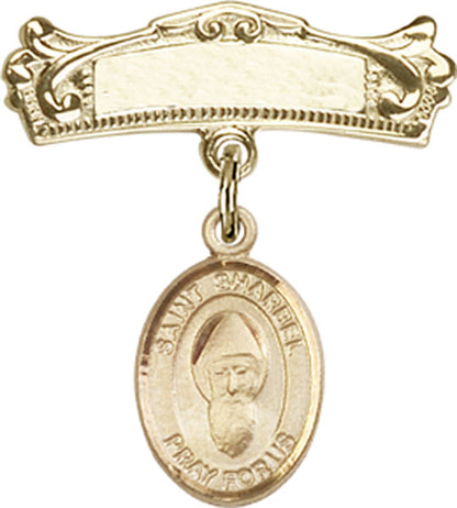 Personalized Baby Badge - Engraved Badge Pin with St. Sharbel Charm