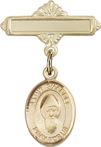 Personalized Baby Badge - Engraved Badge Pin with St. Sharbel Charm