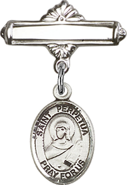 Personalized Baby Badge - Engraved Badge Pin with St. Perpetua Charm