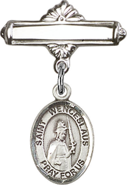Personalized Baby Badge - Engraved Badge Pin with St. Wenceslaus Charm