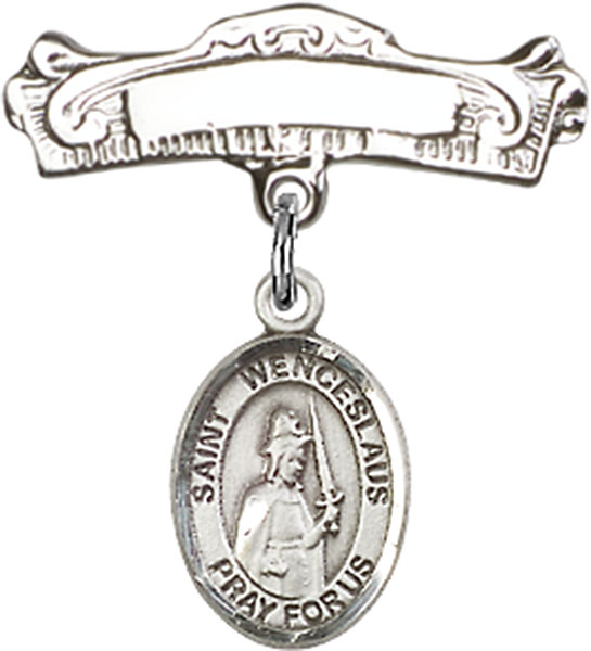 Personalized Baby Badge - Engraved Badge Pin with St. Wenceslaus Charm