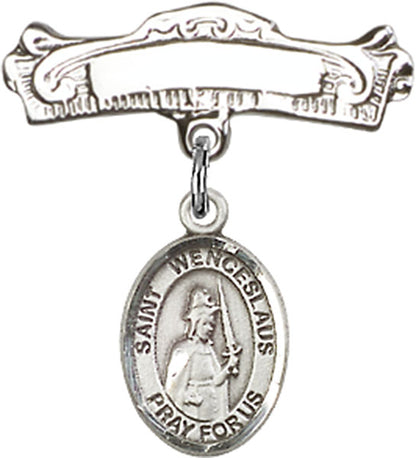 Personalized Baby Badge - Engraved Badge Pin with St. Wenceslaus Charm