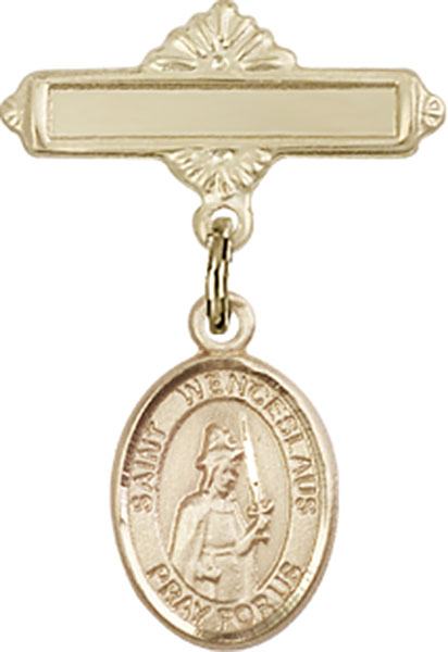 Personalized Baby Badge - Engraved Badge Pin with St. Wenceslaus Charm