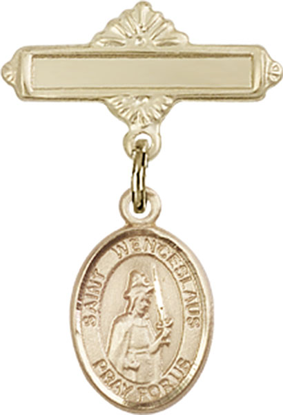 Personalized Baby Badge - Engraved Badge Pin with St. Wenceslaus Charm