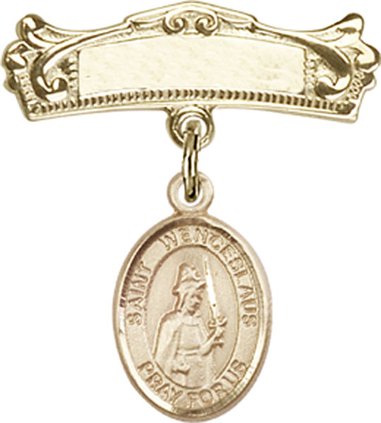 Personalized Baby Badge - Engraved Badge Pin with St. Wenceslaus Charm