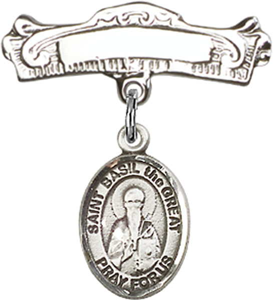 Personalized Baby Badge - Engraved Badge Pin with St. Basil the Great Charm
