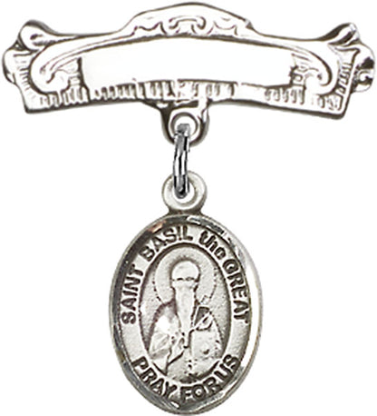 Personalized Baby Badge - Engraved Badge Pin with St. Basil the Great Charm