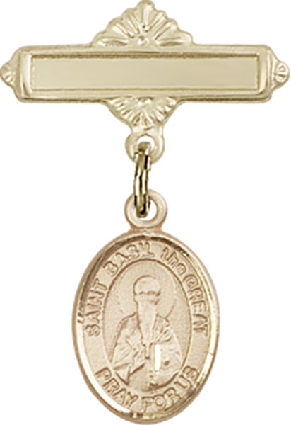 Personalized Baby Badge - Engraved Badge Pin with St. Basil the Great Charm