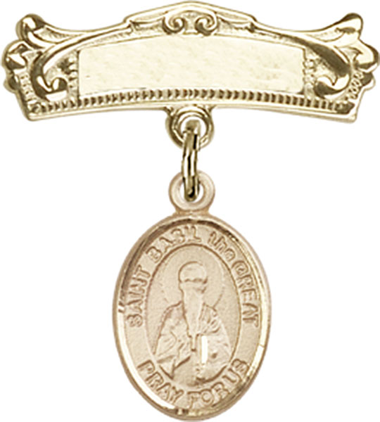 Personalized Baby Badge - Engraved Badge Pin with St. Basil the Great Charm