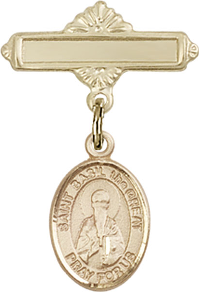 Personalized Baby Badge - Engraved Badge Pin with St. Basil the Great Charm