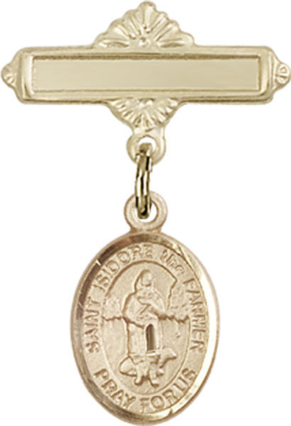 Personalized Baby Badge - Engraved Badge Pin with St. Isidore the Farmer Charm