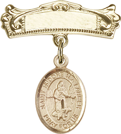 Personalized Baby Badge - Engraved Badge Pin with St. Isidore the Farmer Charm