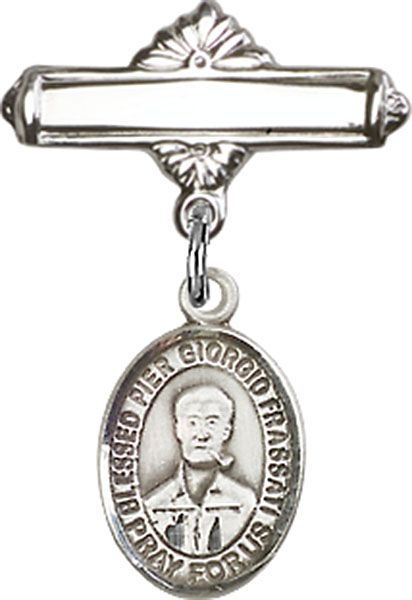 Personalized Baby Badge - Engraved Badge Pin with St. Pier Giorgio Frassati Charm