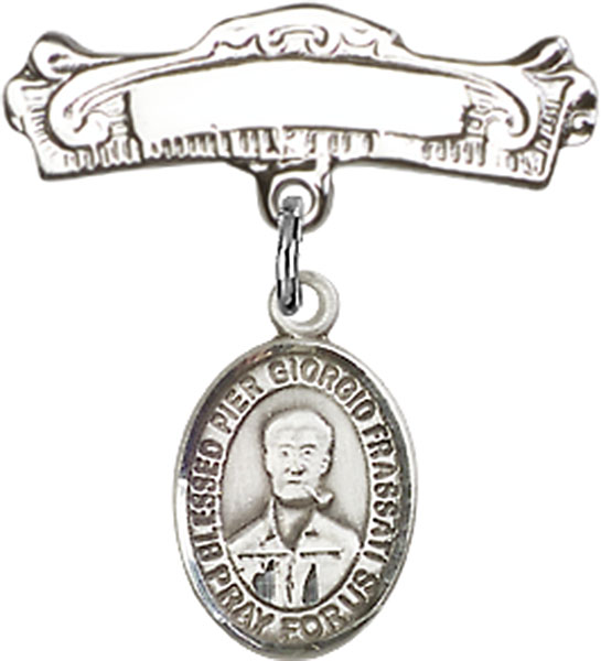 Personalized Baby Badge - Engraved Badge Pin with St. Pier Giorgio Frassati Charm