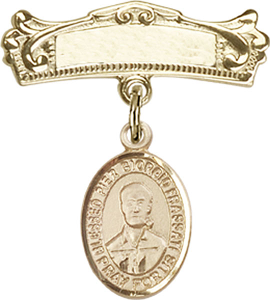 Personalized Baby Badge - Engraved Badge Pin with St. Pier Giorgio Frassati Charm
