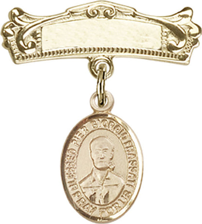 Personalized Baby Badge - Engraved Badge Pin with St. Pier Giorgio Frassati Charm