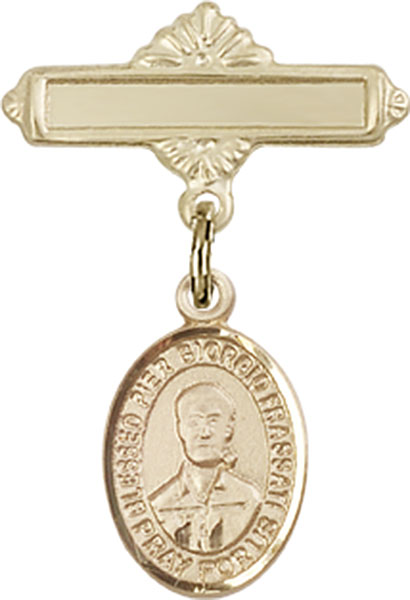 Personalized Baby Badge - Engraved Badge Pin with St. Pier Giorgio Frassati Charm