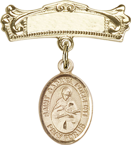 Personalized Baby Badge - Engraved Badge Pin with St. Gabriel Possenti Charm