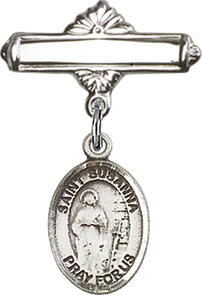 Personalized Baby Badge - Engraved Badge Pin with St. Susanna Charm