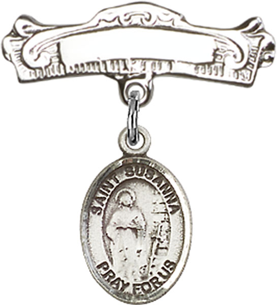 Personalized Baby Badge - Engraved Badge Pin with St. Susanna Charm