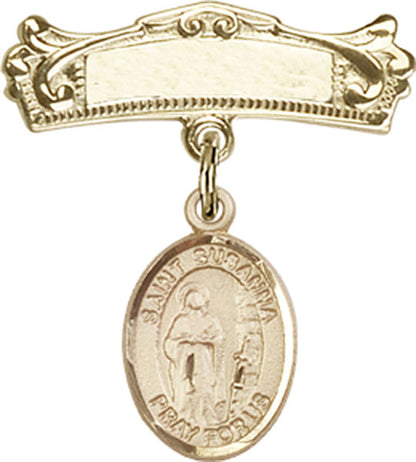 Personalized Baby Badge - Engraved Badge Pin with St. Susanna Charm