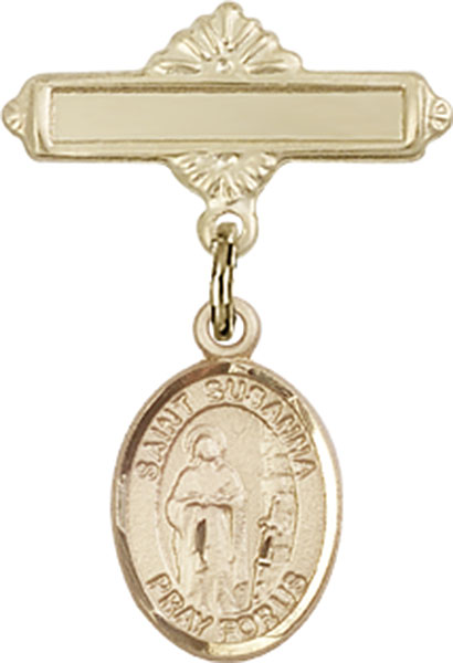 Personalized Baby Badge - Engraved Badge Pin with St. Susanna Charm