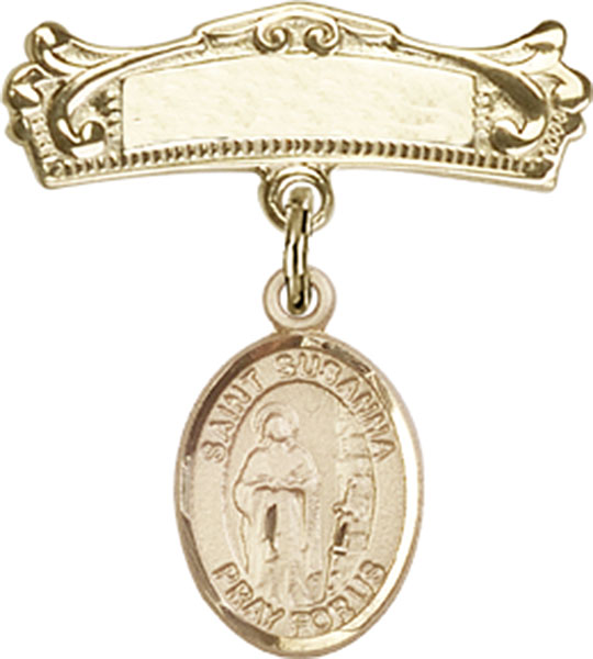 Personalized Baby Badge - Engraved Badge Pin with St. Susanna Charm