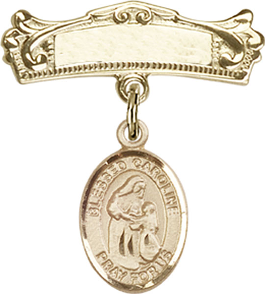 Personalized Baby Badge - Engraved Badge Pin with Blessed Caroline Gerhardinger Charm
