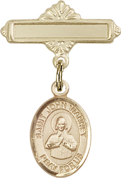 Personalized Baby Badge - Engraved Badge Pin with St. John Vianney Charm