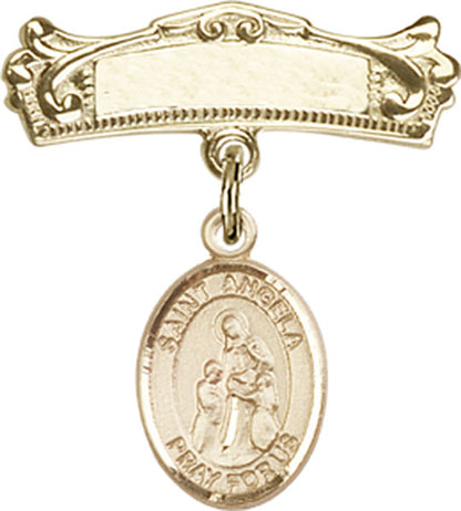Personalized Baby Badge - Engraved Badge Pin with St. Angela Merici Charm