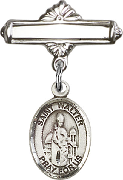 Personalized Baby Badge - Engraved Badge Pin with St. Walter of Pontoise Charm