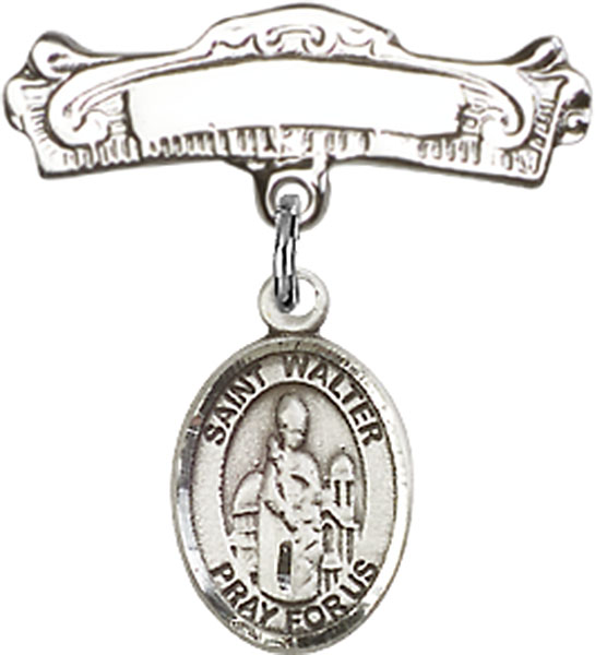 Personalized Baby Badge - Engraved Badge Pin with St. Walter of Pontoise Charm