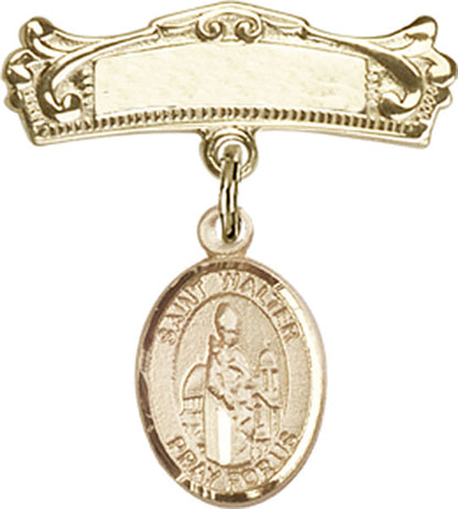 Personalized Baby Badge - Engraved Badge Pin with St. Walter of Pontoise Charm