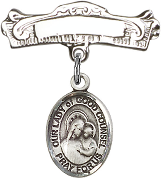 Personalized Baby Badge - Engraved Badge Pin with Our Lady of Good Counsel Charm