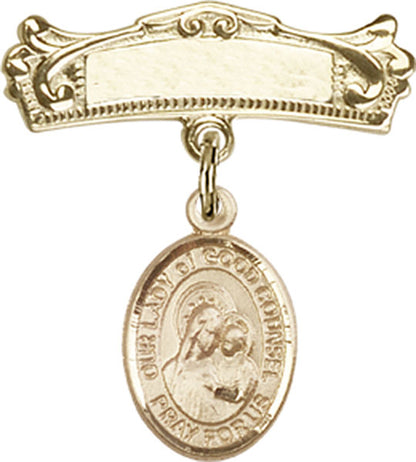 Personalized Baby Badge - Engraved Badge Pin with Our Lady of Good Counsel Charm