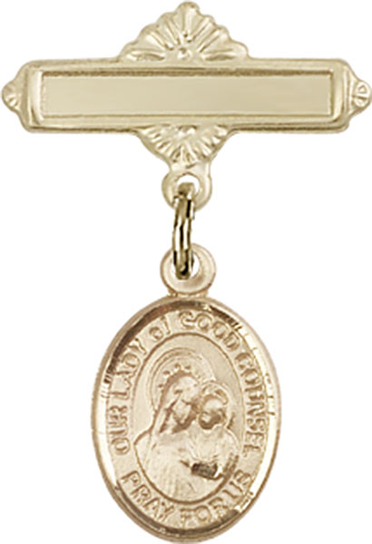 Personalized Baby Badge - Engraved Badge Pin with Our Lady of Good Counsel Charm