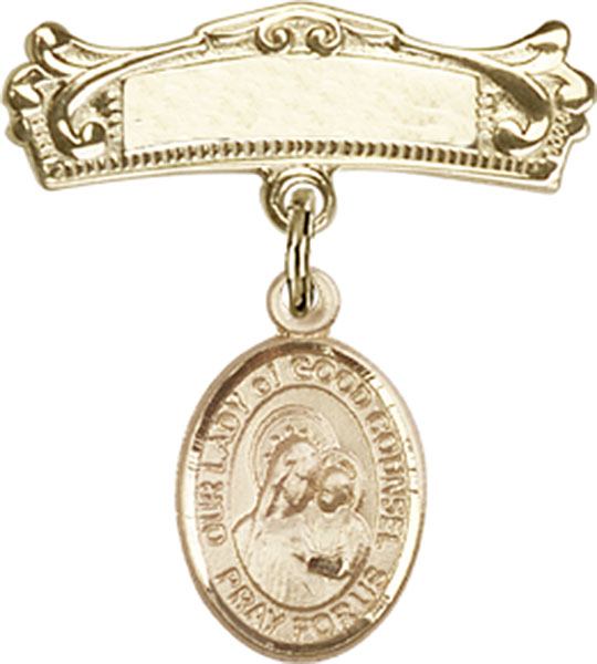 Personalized Baby Badge - Engraved Badge Pin with Our Lady of Good Counsel Charm