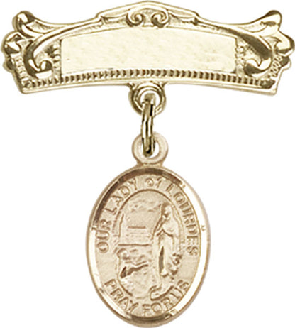 Personalized Baby Badge - Engraved Badge Pin with Our Lady of Lourdes Charm