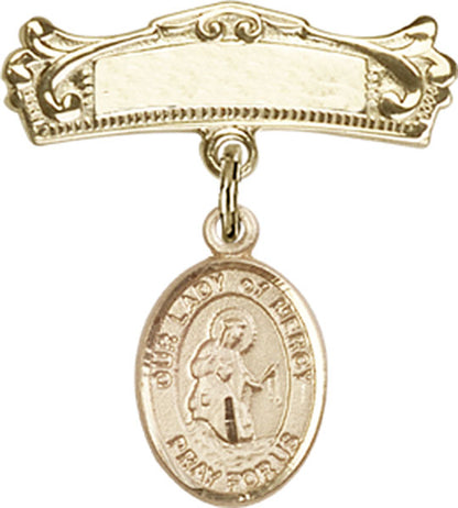 Personalized Baby Badge - Engraved Badge Pin with Our Lady of Mercy Charm