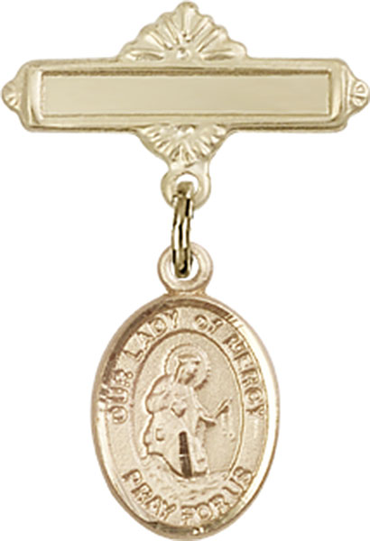 Personalized Baby Badge - Engraved Badge Pin with Our Lady of Mercy Charm