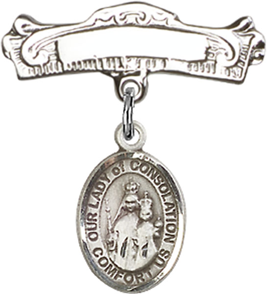 Personalized Baby Badge - Engraved Badge Pin with Our Lady of Consolation Charm