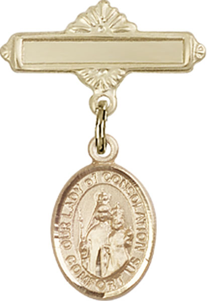 Personalized Baby Badge - Engraved Badge Pin with Our Lady of Consolation Charm
