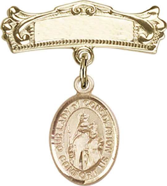 Personalized Baby Badge - Engraved Badge Pin with Our Lady of Consolation Charm