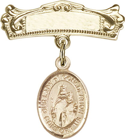 Personalized Baby Badge - Engraved Badge Pin with Our Lady of Consolation Charm