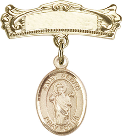 Personalized Baby Badge - Engraved Badge Pin with St. Aedan of Ferns Charm
