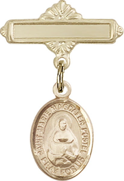 Personalized Baby Badge - Engraved Badge Pin with St. Marie Magdalen Postel Charm