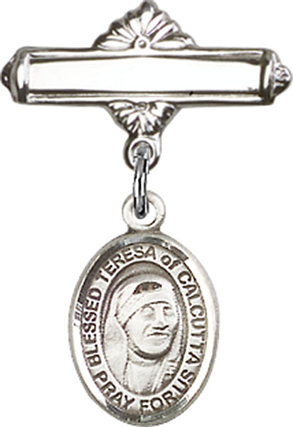 Personalized Baby Badge - Engraved Badge Pin with St. Teresa of Calcutta Charm